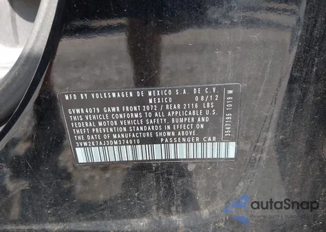 2013 Volkswagen Jetta 2.0L Base из США, поврежденный, VIN 3VW2K7AJ3DM374010